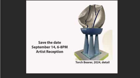 Invitation to an artist reception on September 14, 6-8 PM, with a sculpture titled "Torch Bearer, 2024" shown in the image.